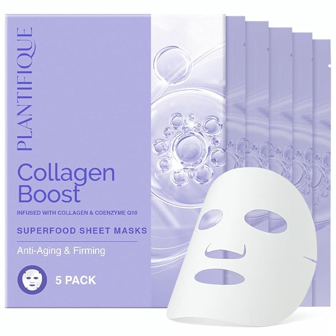 PLANTIFIQUE Facial Sheet Mask Collagen Boost 5 Pack ??Anti-Aging & Firming Face Mask Sheets with Collagen, Coenzyme Q10 & Blueberries ??Korean Skincare for a Smooth, Revitalized Look
