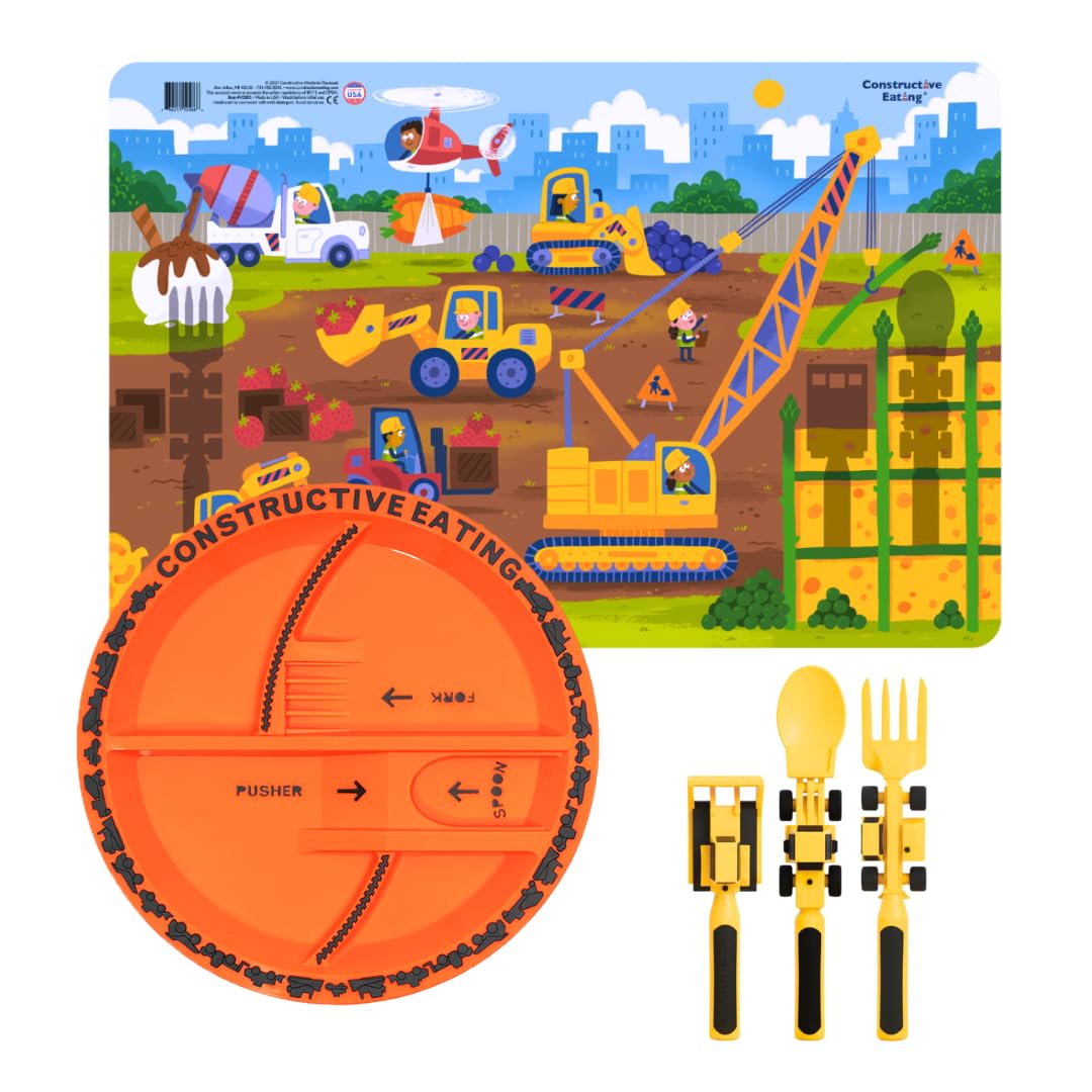 Constructive Eating Made in USA Toddler Eating Set: Kids Placemats for Dining Table with Plate & Utensils, Gifts for 2 Year Old, Toddler Forks and Spoons for Picky Eater (Construction)