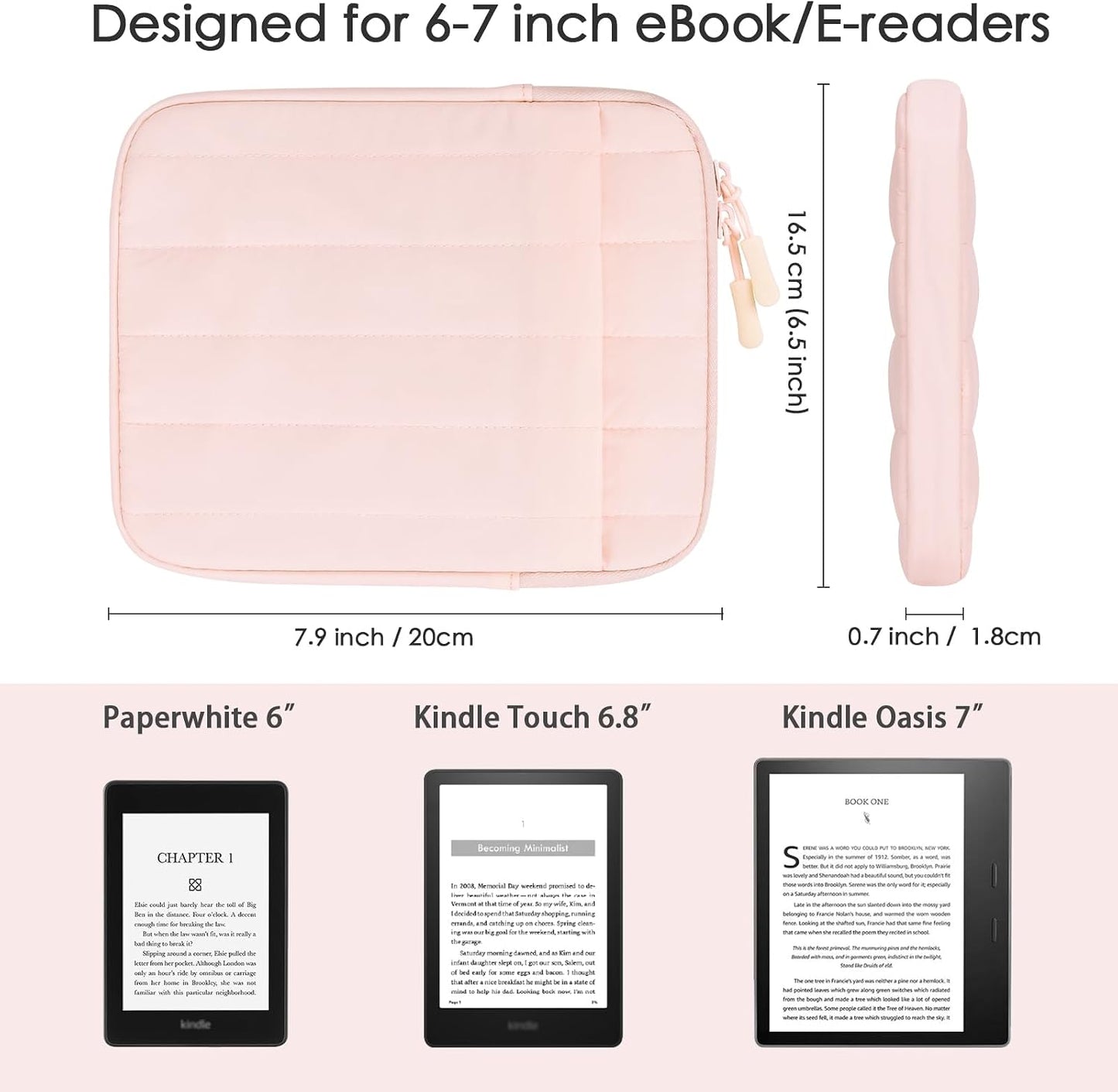 COOTHINE 6.8-7 Inch Puffy Sleeve Pouch for Kindle/eReader/eBook (Puffy Pink)