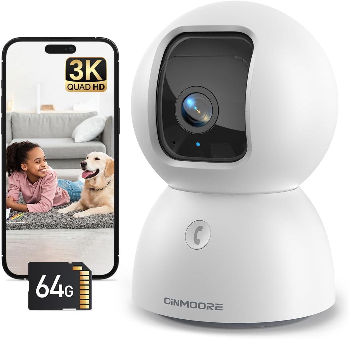 CINMOORE 3K 64GB 5GHz 2.4GHz 6, 360 2-Way Indoor Camera with Card, Human/Pet/Facial AI Detection, Dog/Cat/Pet Camera
