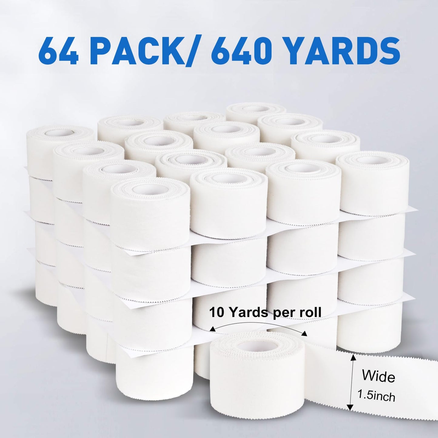 CHMI Athletic Tape,White Sports Tape (64 Pack), 640 Yards Rolls Very Strong Easy Tear NO Sticky Residue Best Tape for Gymnastics Climbing Bat Injuries Medical (1.5 Inch X 640 Yards).