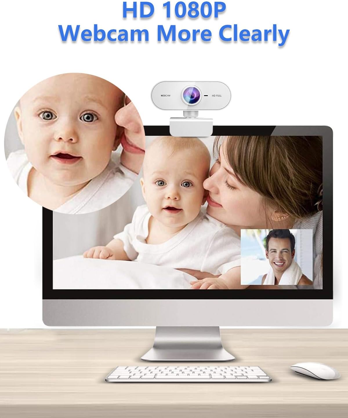 QMKKX 1080P Webcam for pc with Microphone,Full HD White Streaming Web Cam for Mac Laptop, Mini USB C External Clip