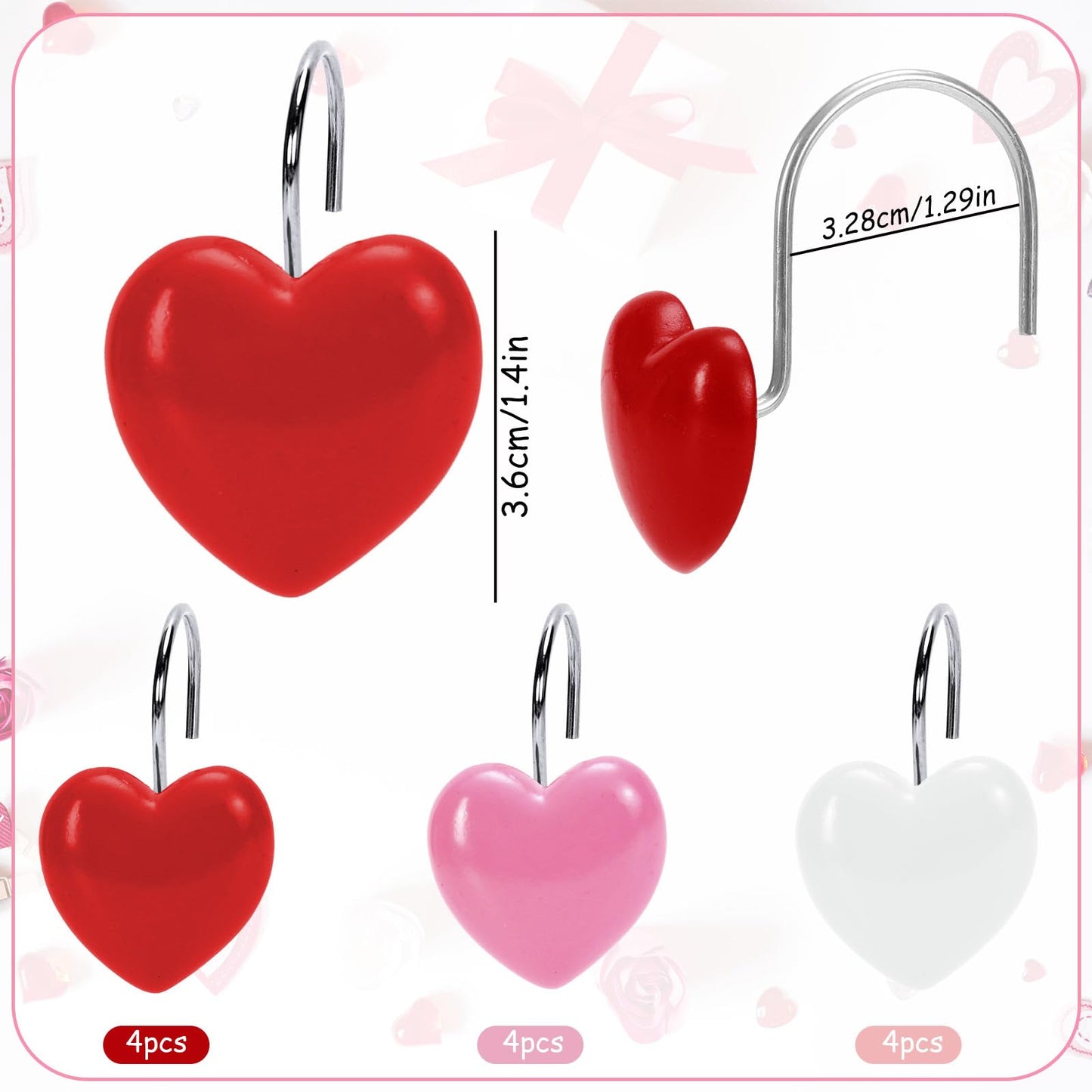 Whaline 12Pcs Valentine's Day Shower Curtain Hooks Decorative Heart Resin Shower Rod Rings Heart-Shaped Anti Rust Curtain Hanger Hooks for Living Room Bedroom Bathroom Decor