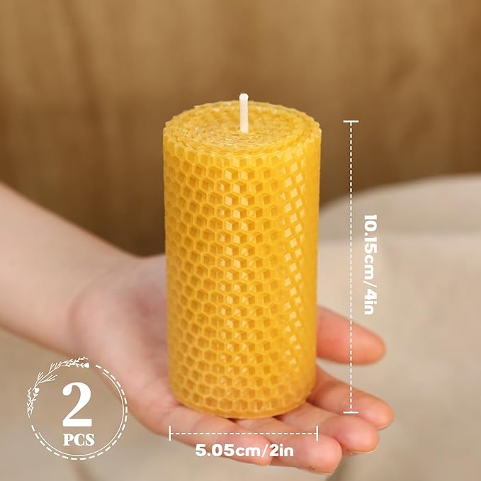 Hand-Rolled Beeswax Candles, 2 Packs, Handcrafted Honeycomb Beeswax Pillar Candles, Natural Bee Farm Gift for Candle Lovers,Home Decor, Air Purify (2x4 in)