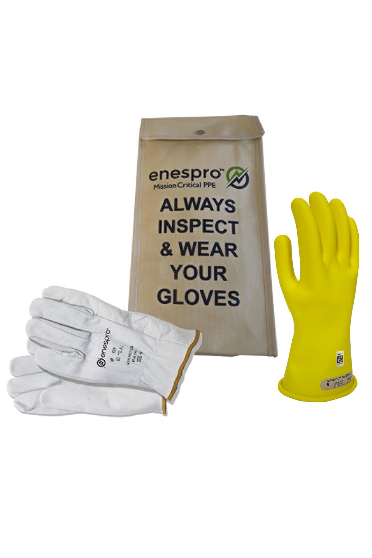 Enespro Class 00 Electrical Gloves Kit, 500V AC / 750V DC Yellow Insulated Rubber Gloves with Leather Protectors, Electrical Work Gloves for Linemen, and Utility Workers