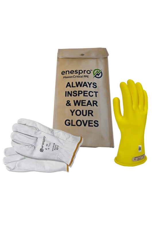Enespro Class 00 Electrical Gloves Kit, 500V AC / 750V DC Yellow Insulated Rubber Gloves with Leather Protectors, Electrical Work Gloves for Linemen, and Utility Workers