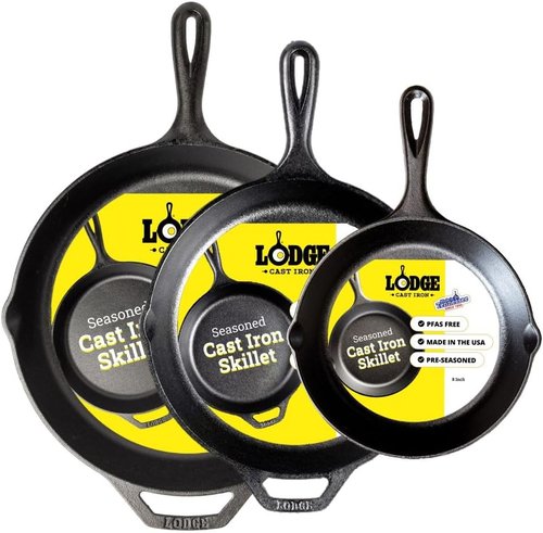 Lodge Seasoned Cast Iron Skillet Set - PFAS-Free Non-Toxic Cookware | Naturally Non-Stick - 8, 10.25 & 12 Inches