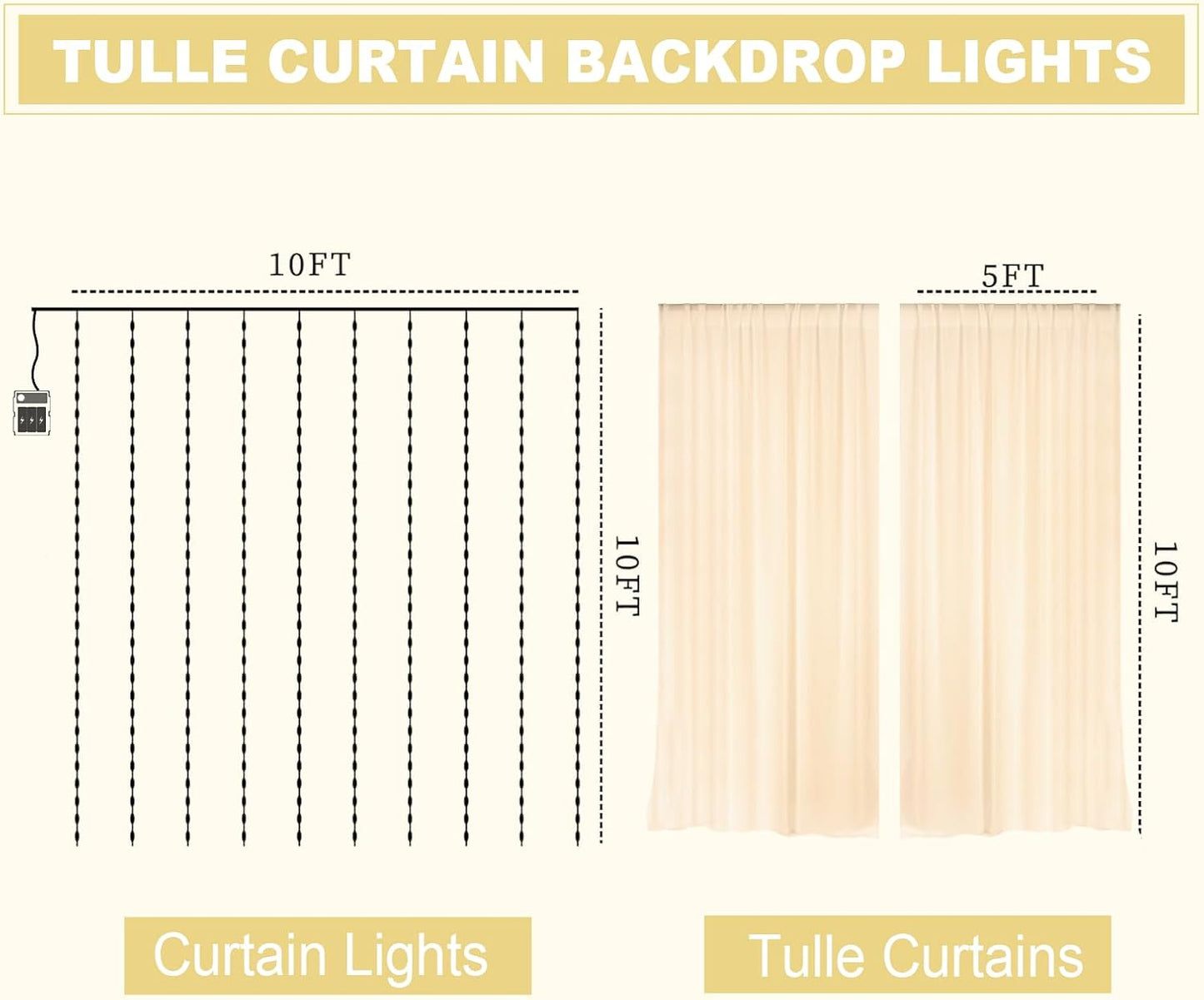 EMART 10x10ft Champagne Tulle Backdrop Curtains with Lights String,Sheer Backdrop Curtains for Wedding, Baby