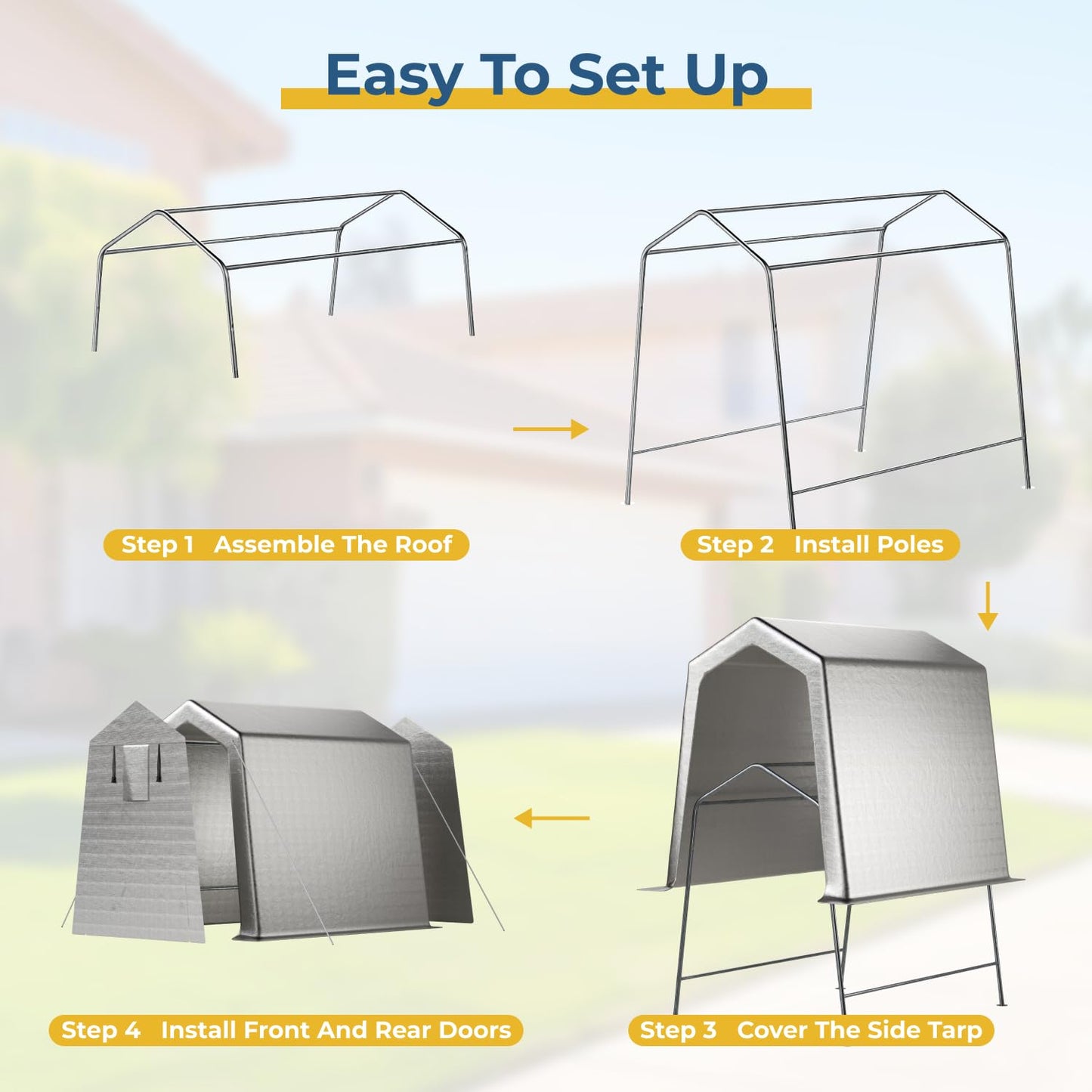 LINKHOO 6 x 8 FT Carport, Portable Shed w/220G Heavy Duty Waterproof PE Tarp, Roll-up Zipper Door & Vent, Weather-Resistant Storage Shed for Motorcycle, Bike and Tools, Gray