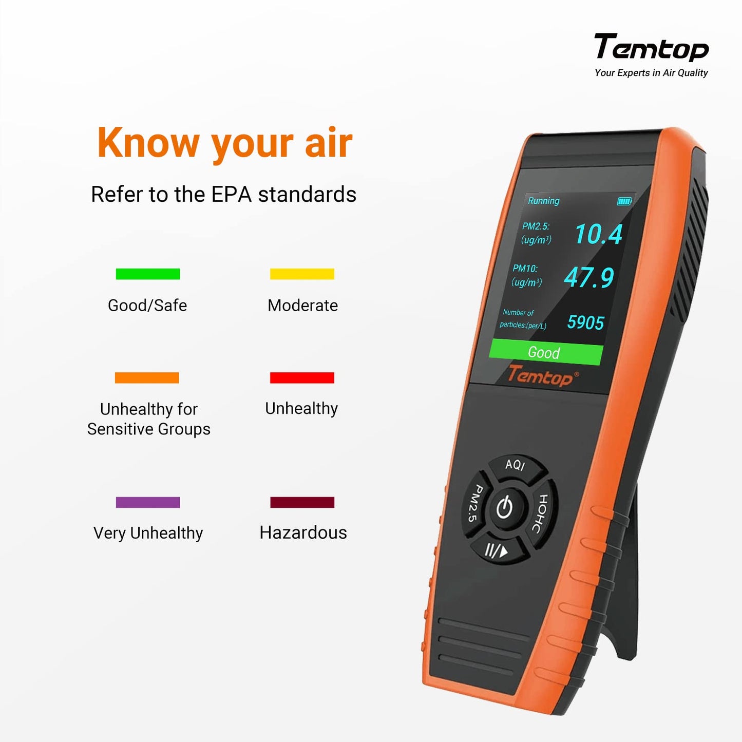 Temtop Air Quality Monitor Professional PM2.5 PM10 Particle Counter, Formaldehyde, Temperature, Humidity, AQI Tester for Indoor/Outdoor Air Pollution Detection w/Data Export