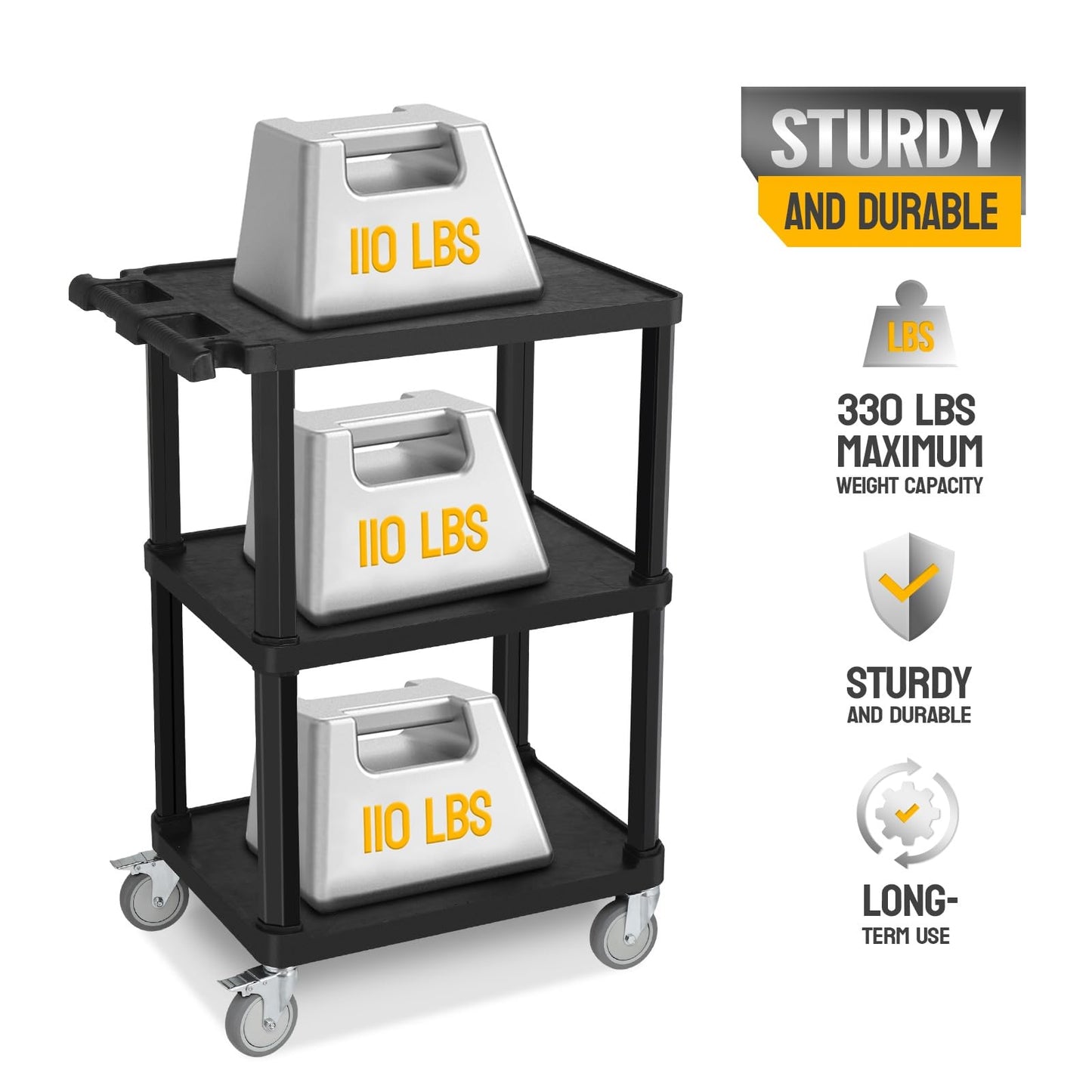 Leadzm 3-Tier Plastic Flat Utility Cart, Commercial Rolling Service Cart on Wheels with Braker, Multi-Function Handle and Large Capacity Storage, Perfect for Warehouse Garage Office, Black