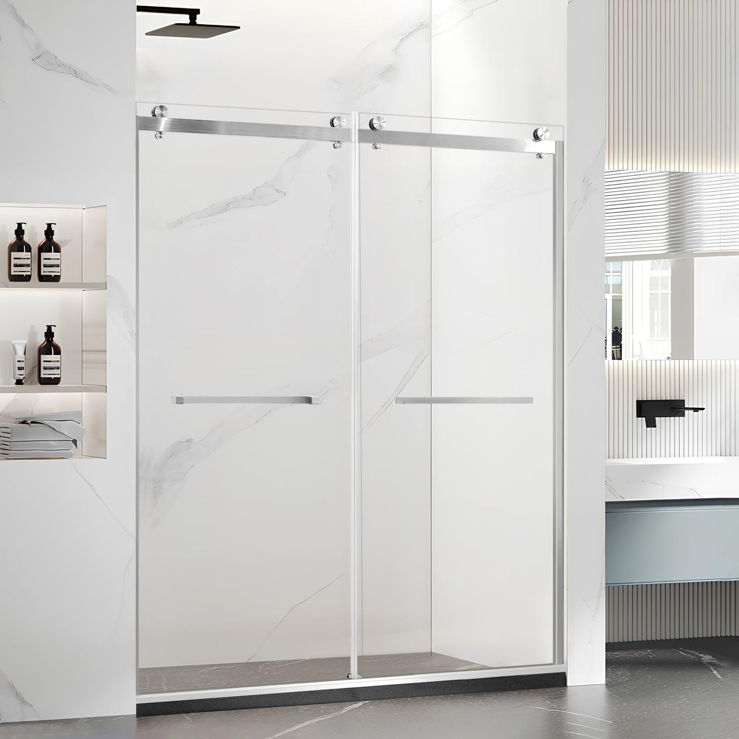 Porfectik Paris Shower Door, 60" W x 74" H Double Sliding Shower Door with 5/16"(8mm) Clear SGCC Tempered Glass, Bathroom Framed Shower Glass Doors, Brushed Nickel