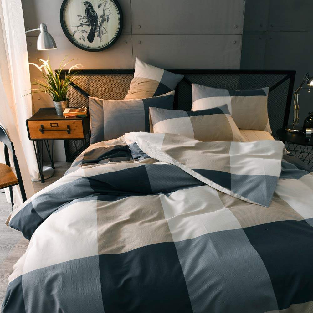 MKXI Plaid Comforter Set Queen Size, Geometric Checkered 3 Pieces Bedding Set Men Boys, Modern Style Comforter with 2 Pillow Shams All Season Soft Fluffy Bedding Set-(Tan,Dark Blue Grey,Khaki)