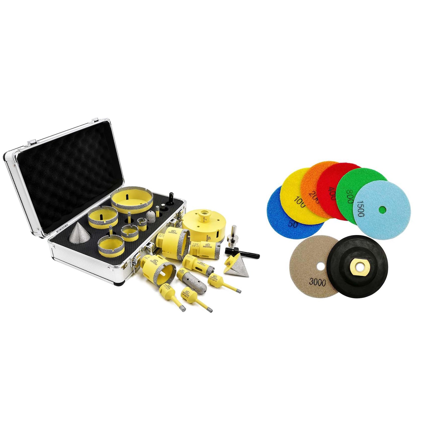 Diamond Core Drill Bits Set 12PCS - DARTOTEK Tile Hole Saw Kit and SHDIATOOL Dry Diamond Polishing Pads 4 Inch Set of 7 Pieces Plus a Rubber Backer