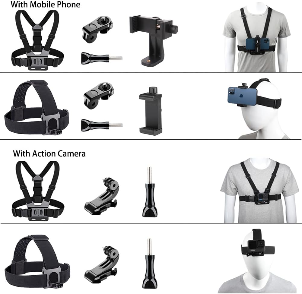 TANSUO Chest Mount Strap Harness Head Strap, Quick Release Chesty Body Mount with Phone Clip, Head Strap+Chest Strap