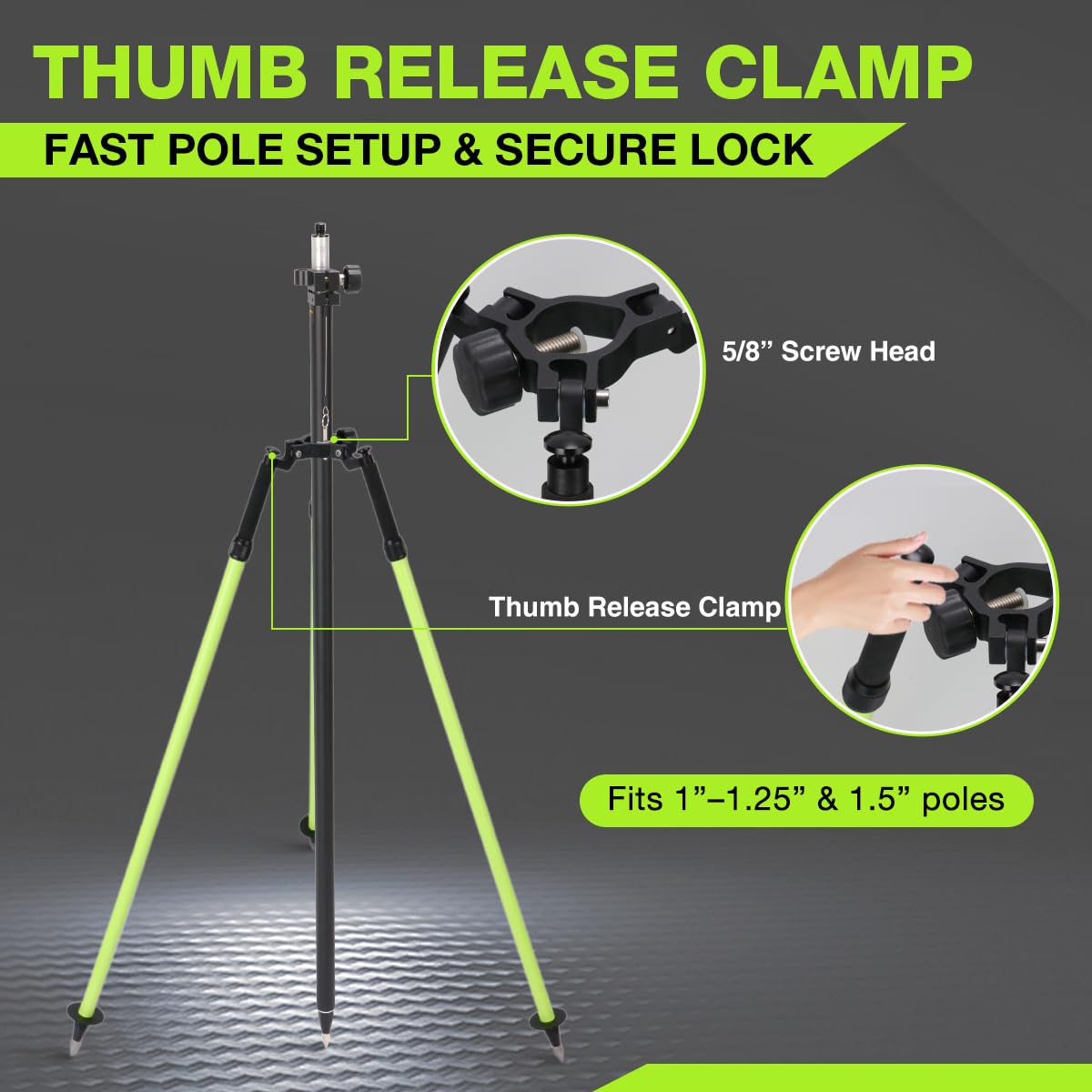 MOETER Aluminum Surveying Tripod for Survey Pole, GPS Pole – Thumb Release Survey Tripod with Extendable Legs, 5/8" Head for GNSS, Total Station Use (Green)