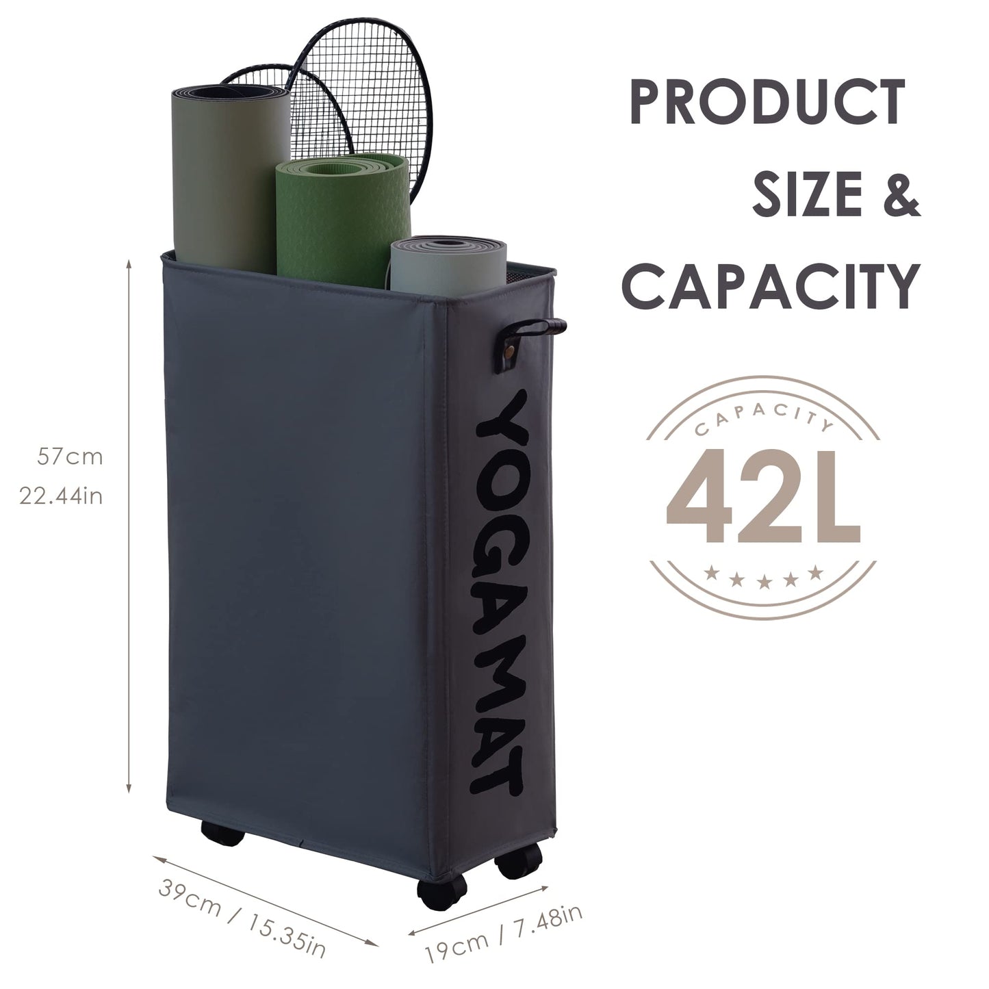 Caroeas 22 inches Yoga Mat Storage Basket, Large Yoga Mat Holder Accessories, Home Gym Equipment Storage Yoga Mats, Women Men Workout Equipment Organization with 4 Wheels, Dark Gray