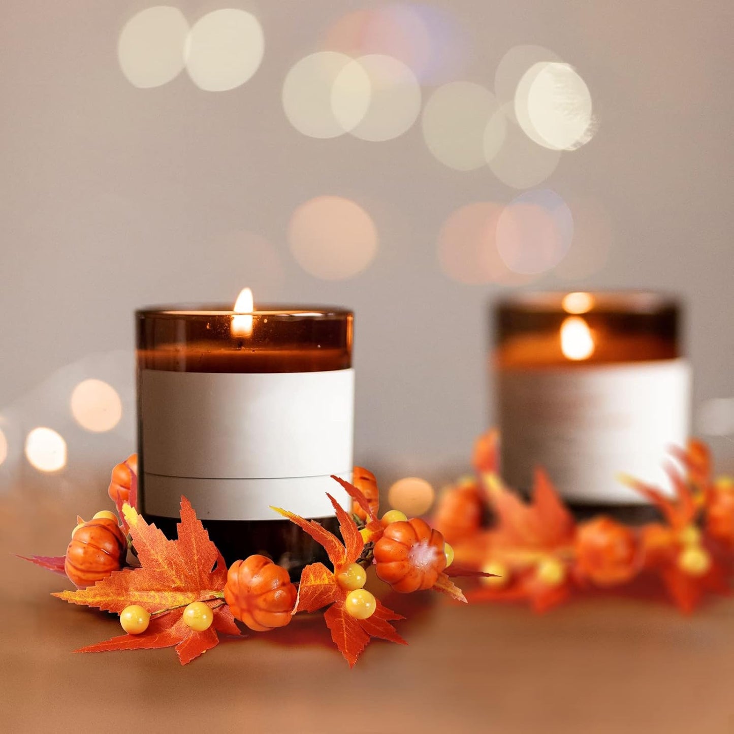 Skiennix Fall Candle Rings - 6Pcs Artificial Pumpkin & Maple Leaf Wreaths for Autumn Decor | 3.1" ID / 7" OD
