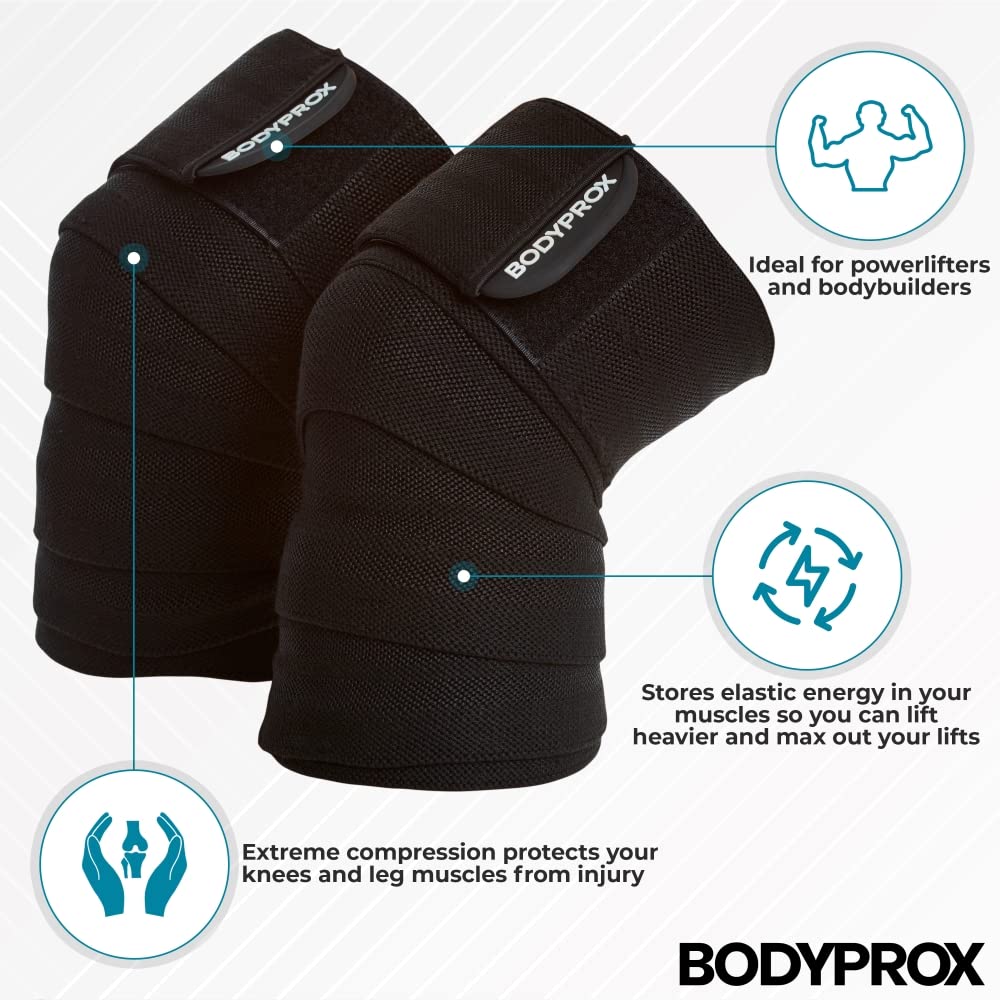 Bodyprox Knee Wrap 2 Pack for Squats, Weightlifting, Powerlifting, Leg Press, and Cross Training, Knee Support for Men and Women