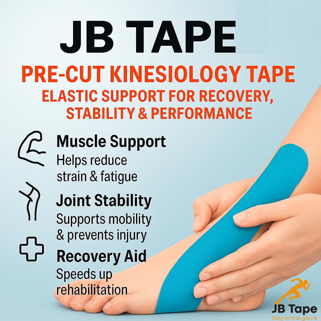 JB Tape Kinesiology Tape – 80 Precut 10-Inch Strips – Blue – Elastic, Latex-Free, Water Resistant – Athletic Muscle & Joint Support – 4 Rolls