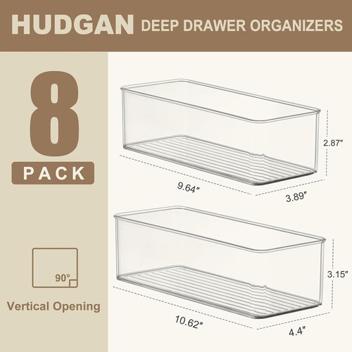 Hudgan Clear Plastic Drawer Organizers - Stackable Deep Organizers for Makeup & Desk | 8 Pack, 2 Sizes
