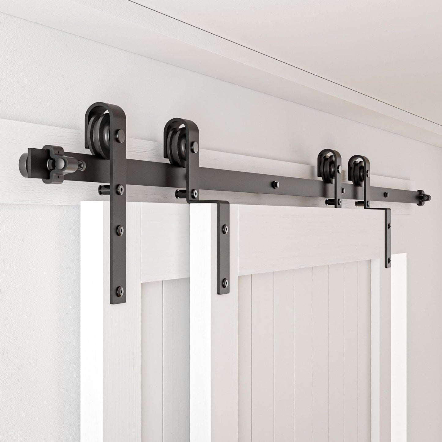 4-14FT Bypass Sliding Barn Door Hardware Kit Single Track System Carbon Steel Basic Roller Hanger Easy to Install Fit Double 36" Wide Doors Panels (6ft Single Track Bypass)