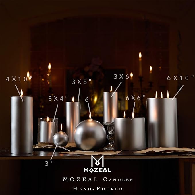 MOZEAL 4" x 12" Extra-Large Silver Pillar Candles (Set of 2), Unscented,Dripless, Smokeless,Long Clean-Burning,These Tall 12 inch Large Silver Pillar Candles Perfect for Weddings and Christmas Decor