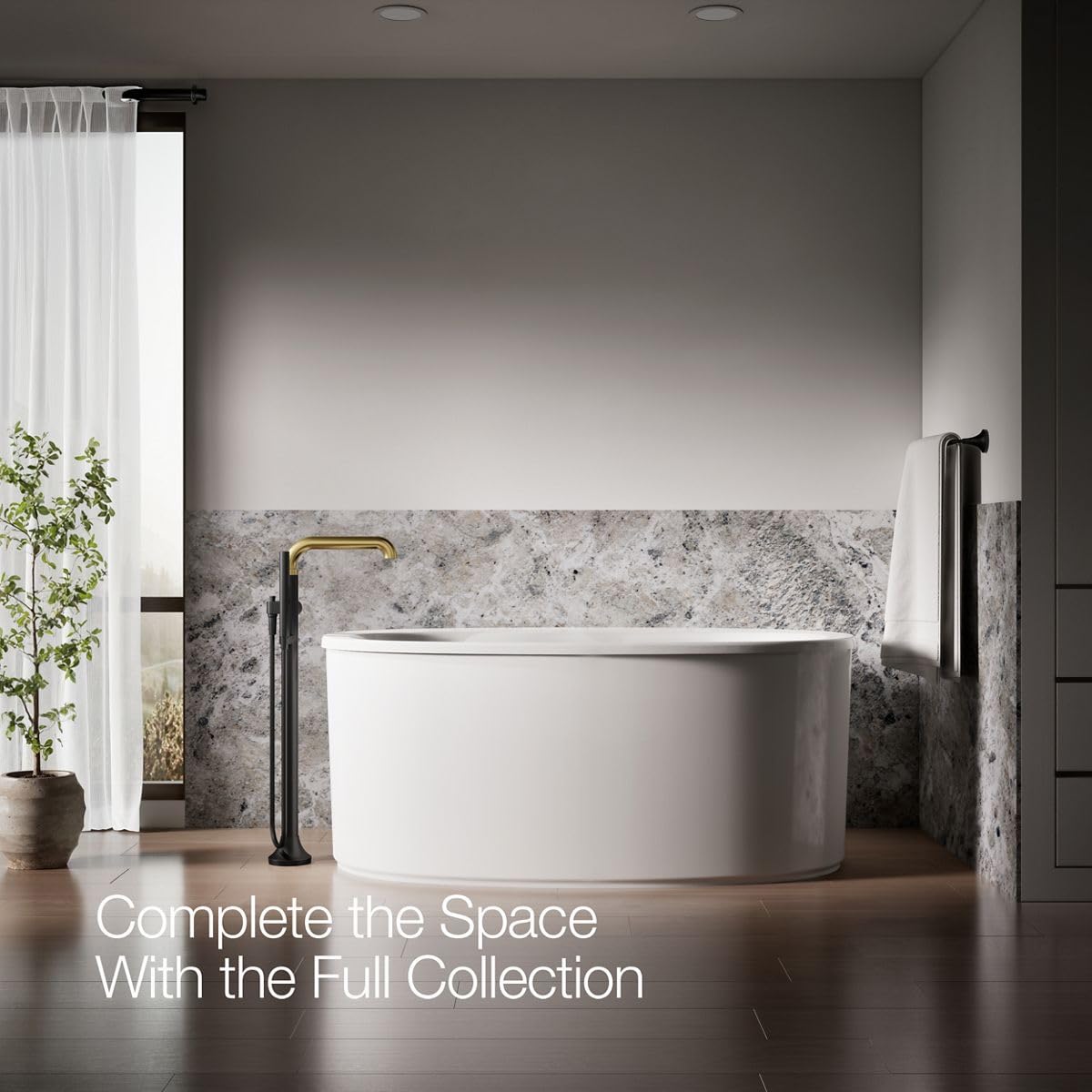 Kohler T27424-4-BMB Tone™ Floor-Mount Bath Filler Trim with handshower, Matte Black with Brushed Moderne Brass