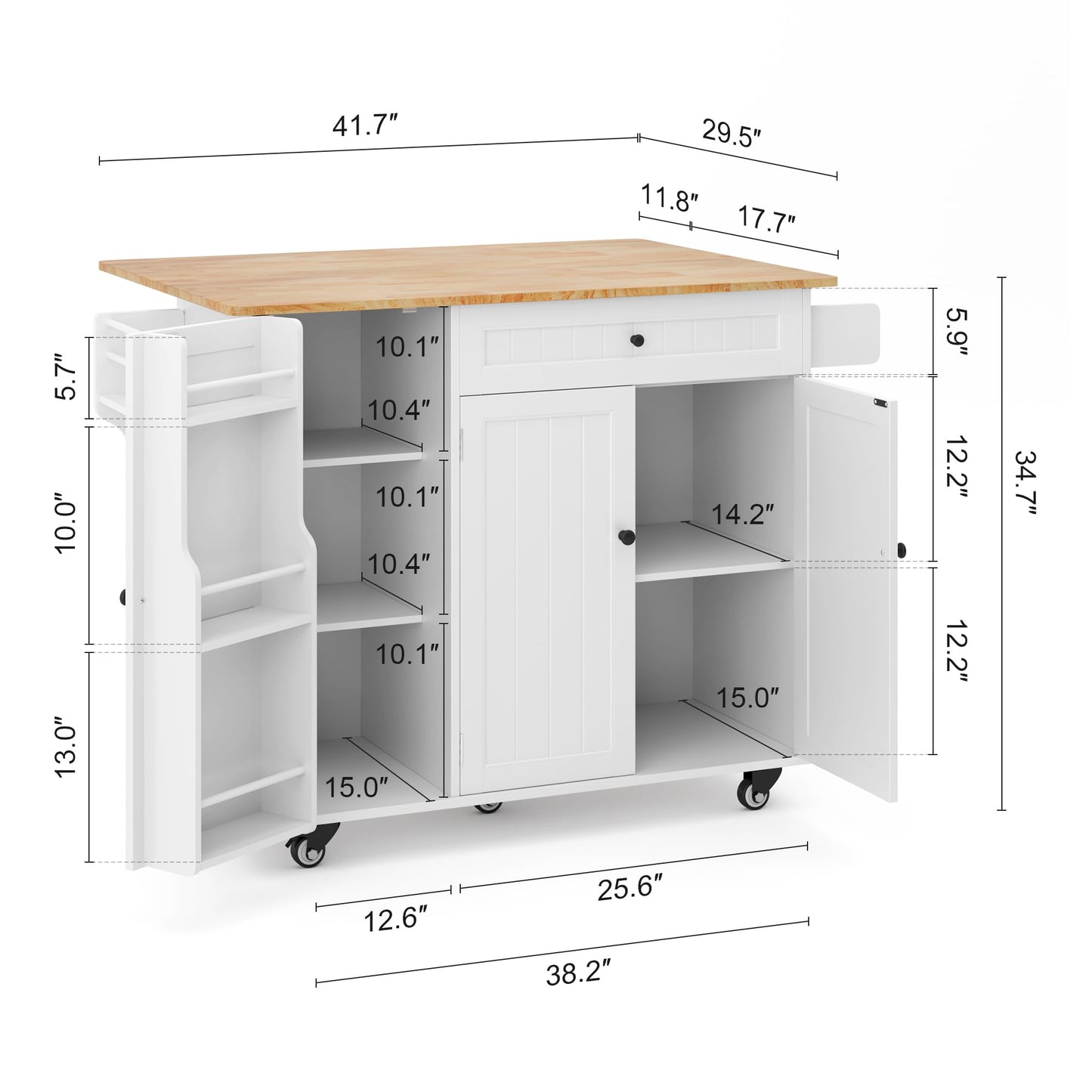 Ahomly Kitchen Island with Storage, Island Table for Kitchen with Drop Leaf, 5 Wheels, Interal Storage Rack, a Drawer, Spicy Rack and Towel Bar, Sufficient Countertop Space and Storage, White