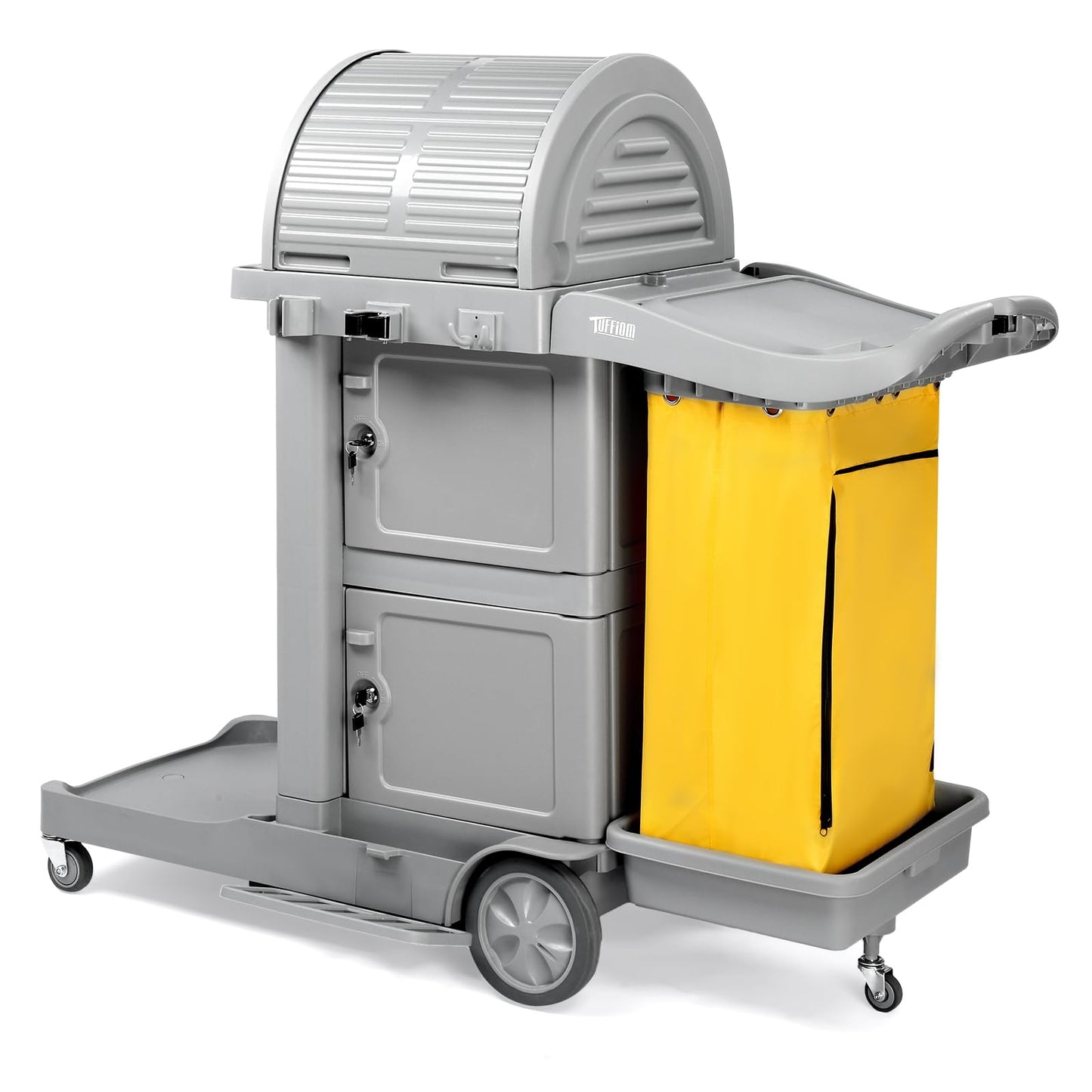 TUFFIOM Janitorial Cart on Wheels, 3 Shelf Commercial Cleaning Cart with Key Locking-Cabinet, Grey Housekeeping Cart with Locker and Cleaning Bag, for Hotel, Business, Office, Stadium Use
