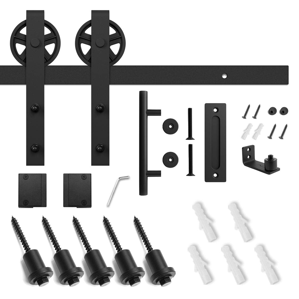 SMARTSTANDARD 6.6ft Heavy Duty Sliding Barn Door Hardware Kit, Black, (Whole Set Includes 1x Pull Handle Set & 1x Floor Guide) Fit 36"-40" Wide Door Panel (Big Industrial Wheel Hangers)