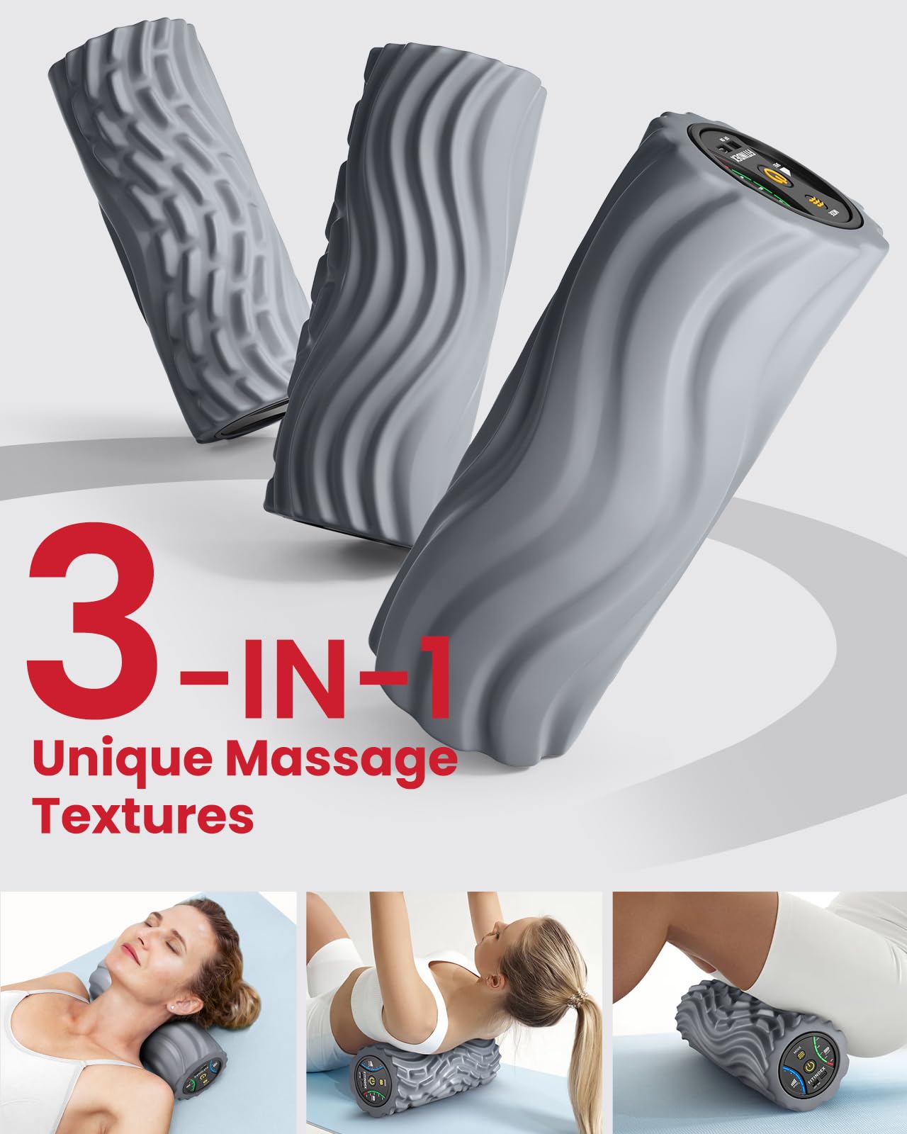 FITINDEX Vibrating Foam Roller for Back Pain, FSA&HSA Eligible, 5-Speed Muscle Massage, Exercise, Muscles Deep Tissue, Physical Therapy, Pilates, Yoga, Neck, Leg, Rechargeable, Travel Portable, Gray