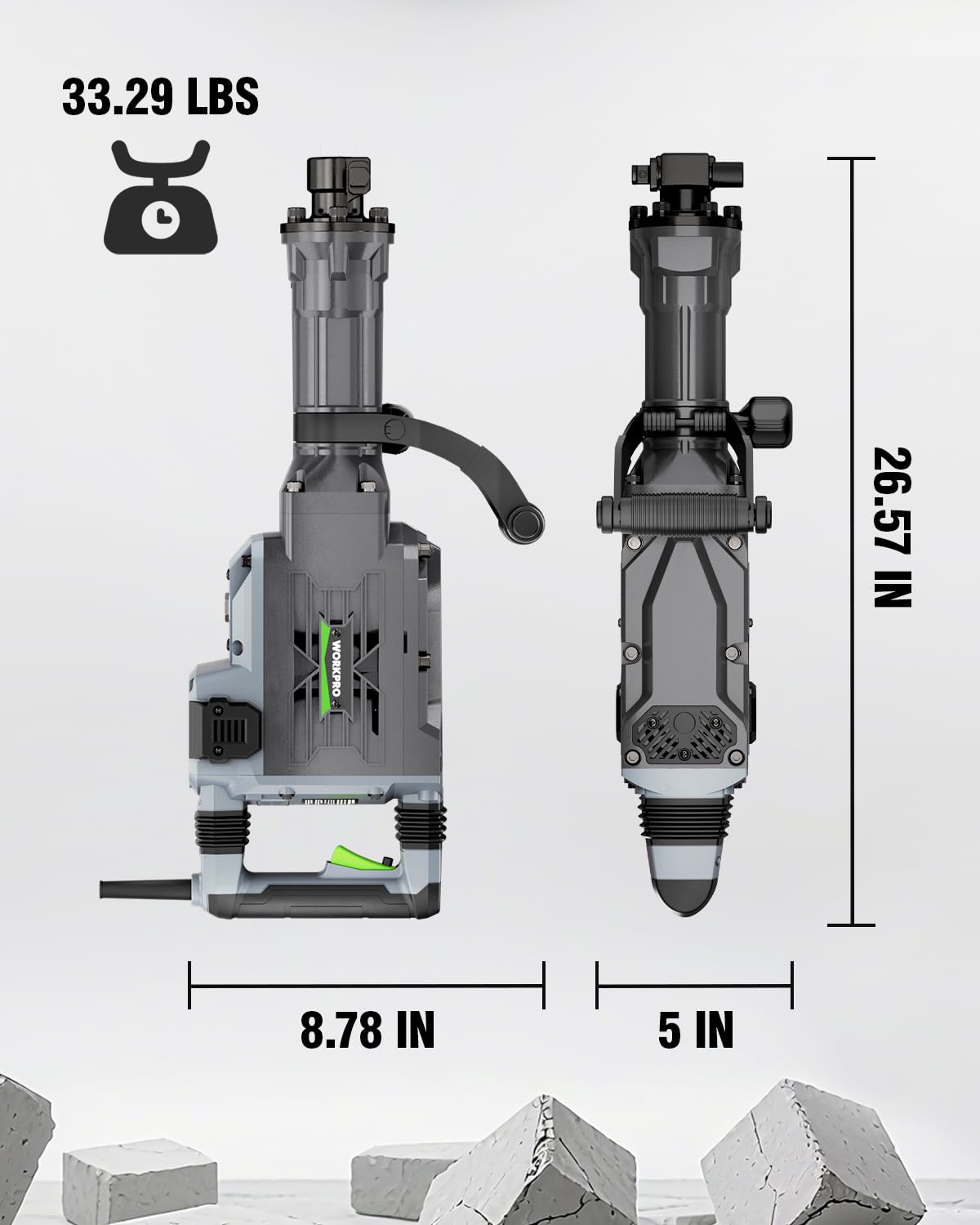 WORKPRO 60 J Demolition Jack Hammer – 15A Heavy Duty Electric Concrete Breaker, 1900 BPM Industrial Jackhammer with 2 HEX30 Chisels, UL Plug, Wheeled Carry Case for Construction & Renovation