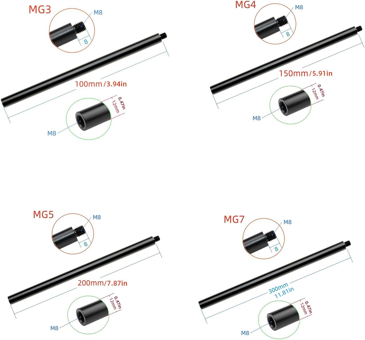 12mm Diameter Tripod Extenders - Female Bottom & Male Top Poles