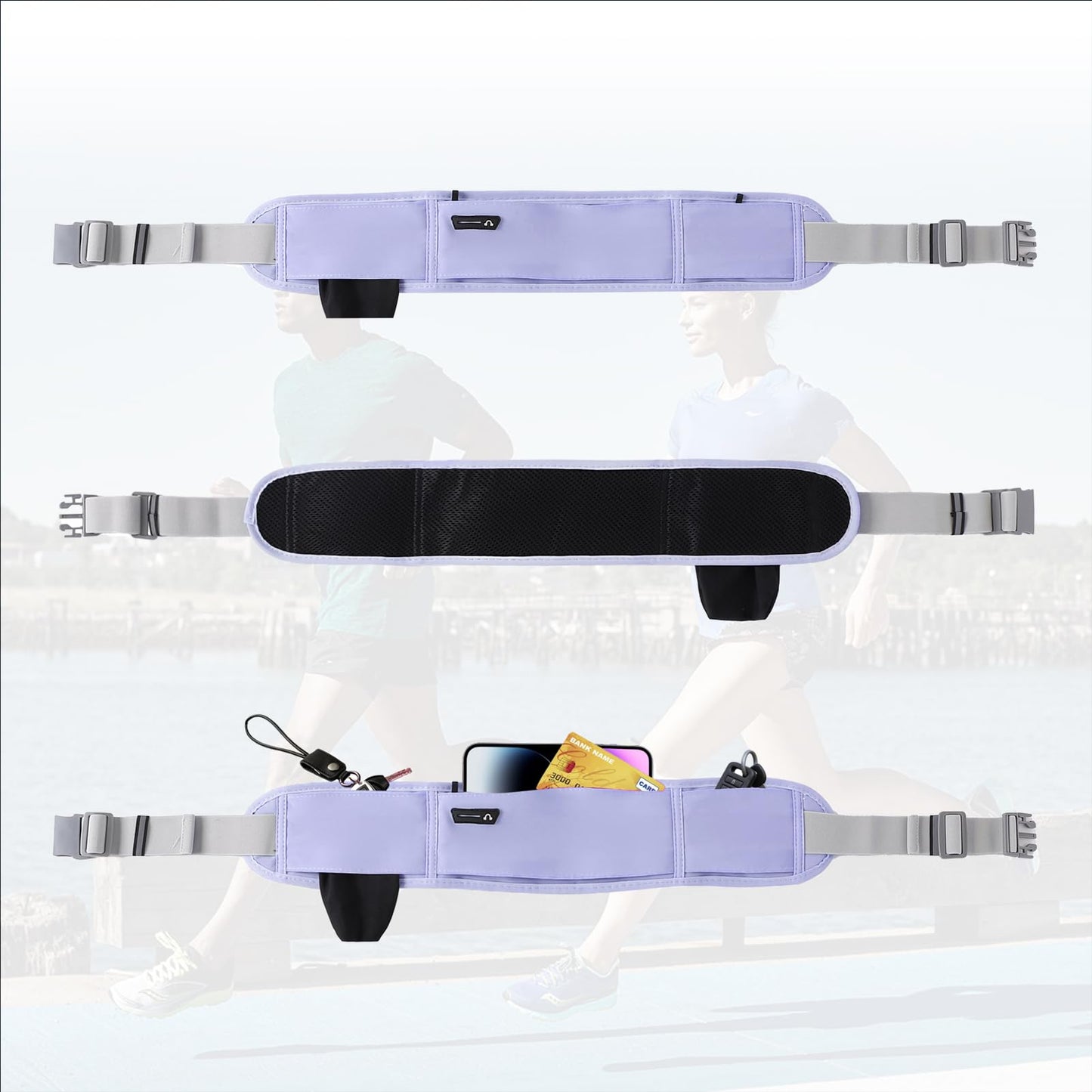 Running Hydration Belt with Water Bottle Holder for Men Women, Bounce-Free Phone Storage Waist Pack, Reflective Adjustable Marathon Belt for Jogging Trail Running,Fits All Phones(Blue)