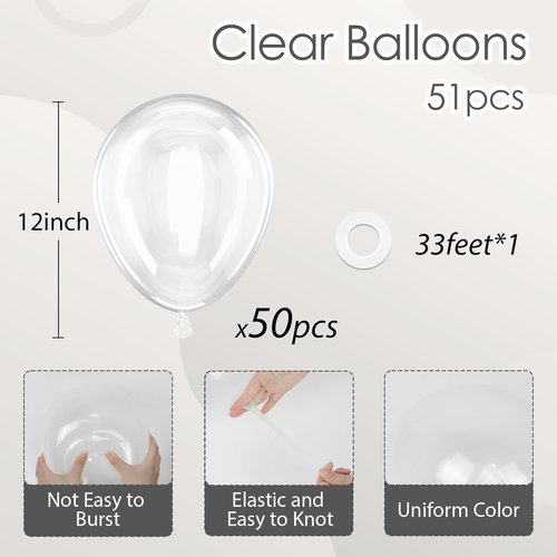 Clear Balloons 12 Inch - Transparent Latex Balloons 50pcs for Baby Shower & Birthday Party Decorations