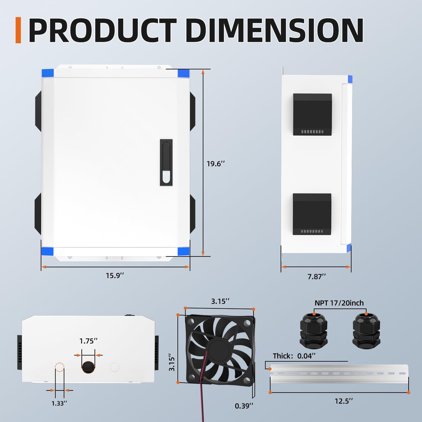 Joinfworld Outdoor Electrical Box 19.7"x15.7"x7.9" Metal Waterproof Vented Nema Enclosure with 12V Fan, Stainless Steel Junction Box with Cold Rolled Steel Plate Hinge Connection Din Rail