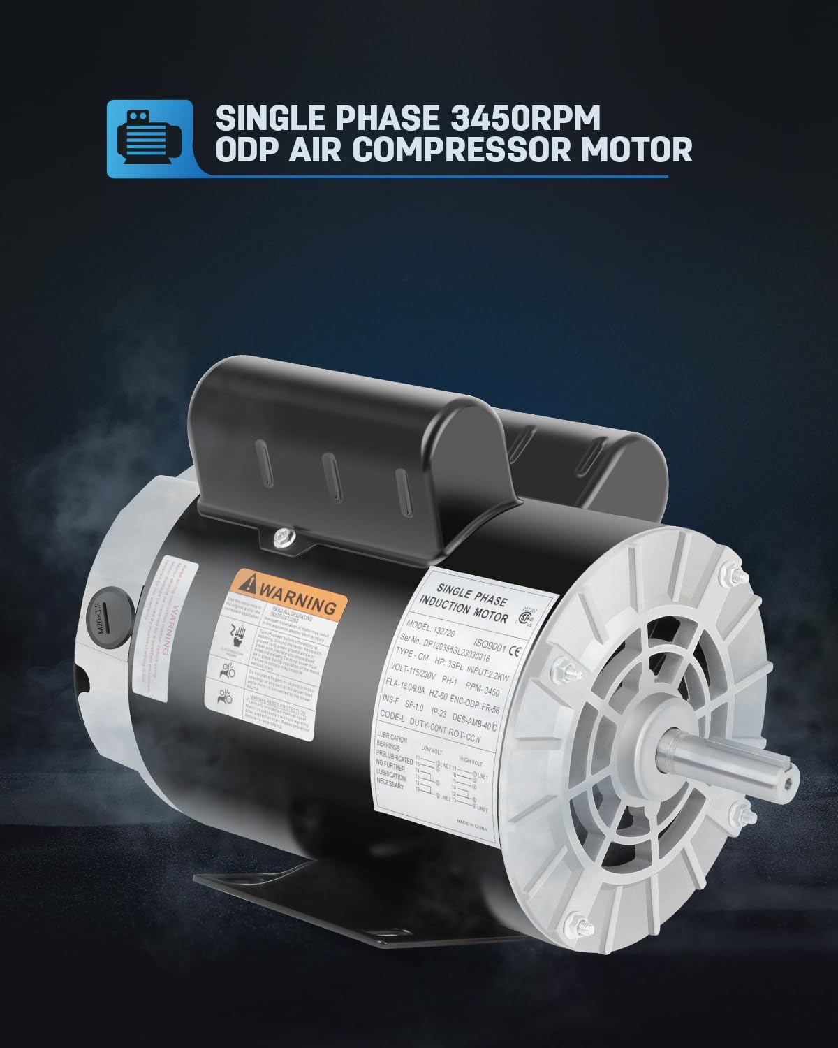 Air Compressor Electric Motor, 3HP SPL 3450 RPM, 115/230V Single Phase, 56 Frame 5/8 Keyed Shaft 60 Hz, Commercial-Duty CCW Rotation, 1.88 Shaft Length for Air Compressors