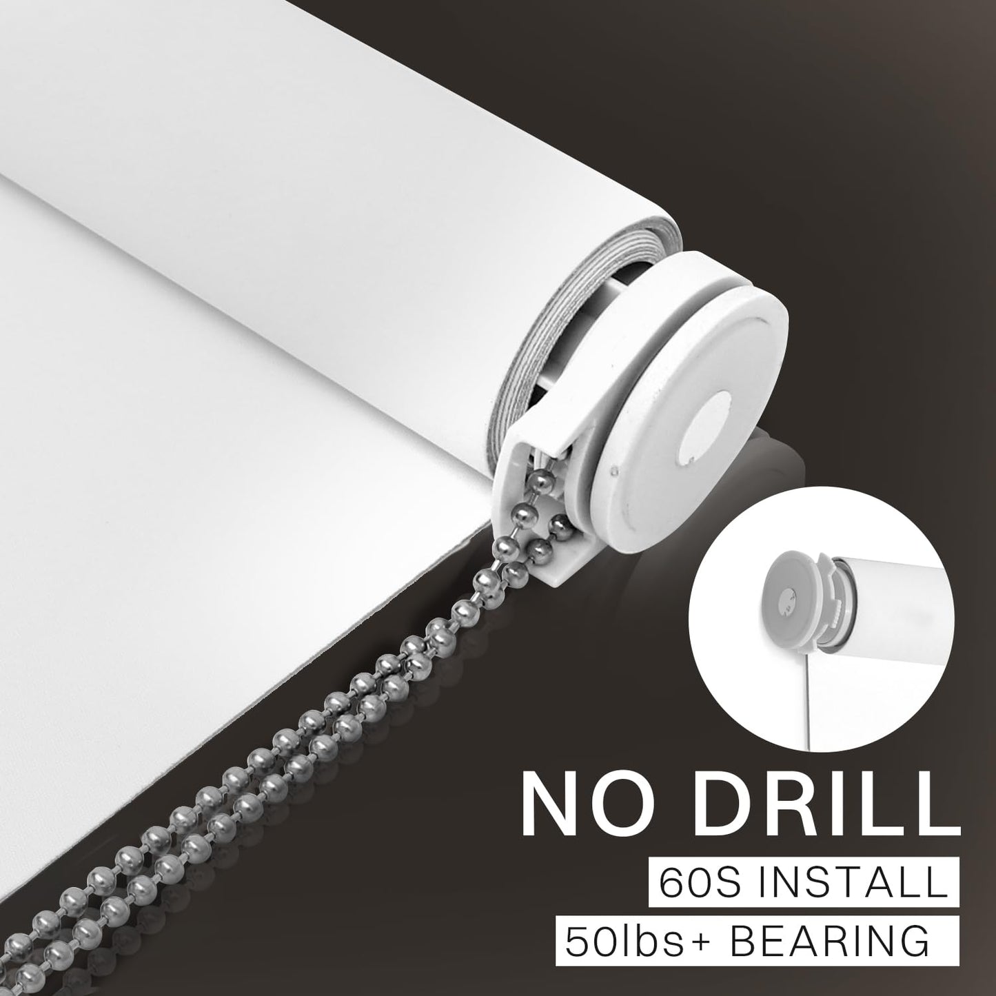 No Drill No Tools 100% Blackout Roller Shade | UV Protection | Easy-Care Fabric | Roller Blind for Windows & Doors | Pull Down Window Shade - White (60.5" W x 75" H)