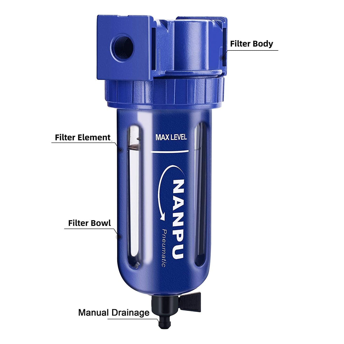 NANPU 3/8" NPT Compressed Air Filter, Zinc Alloy, 5 Micron Brass Element, Quick Release Bowl, Manual Drain, for Air Compressor ＆ Pneumatic Tools