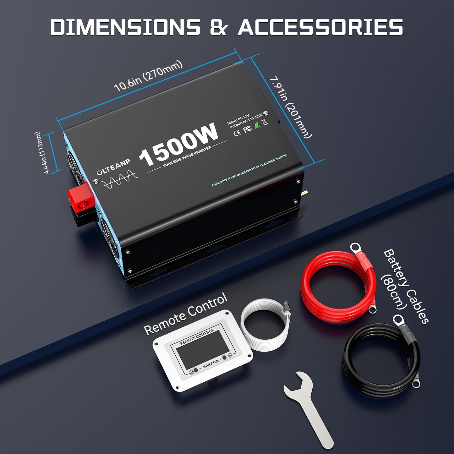 1500W Pure Sine Wave Power Inverter with Transfer Switch, 12V DC to 120V AC Converter, 3000W Peak, Auto Switch to Shore Power, Remote LCD Controller, USB & Type-C for RV, Truck, Off-Grid