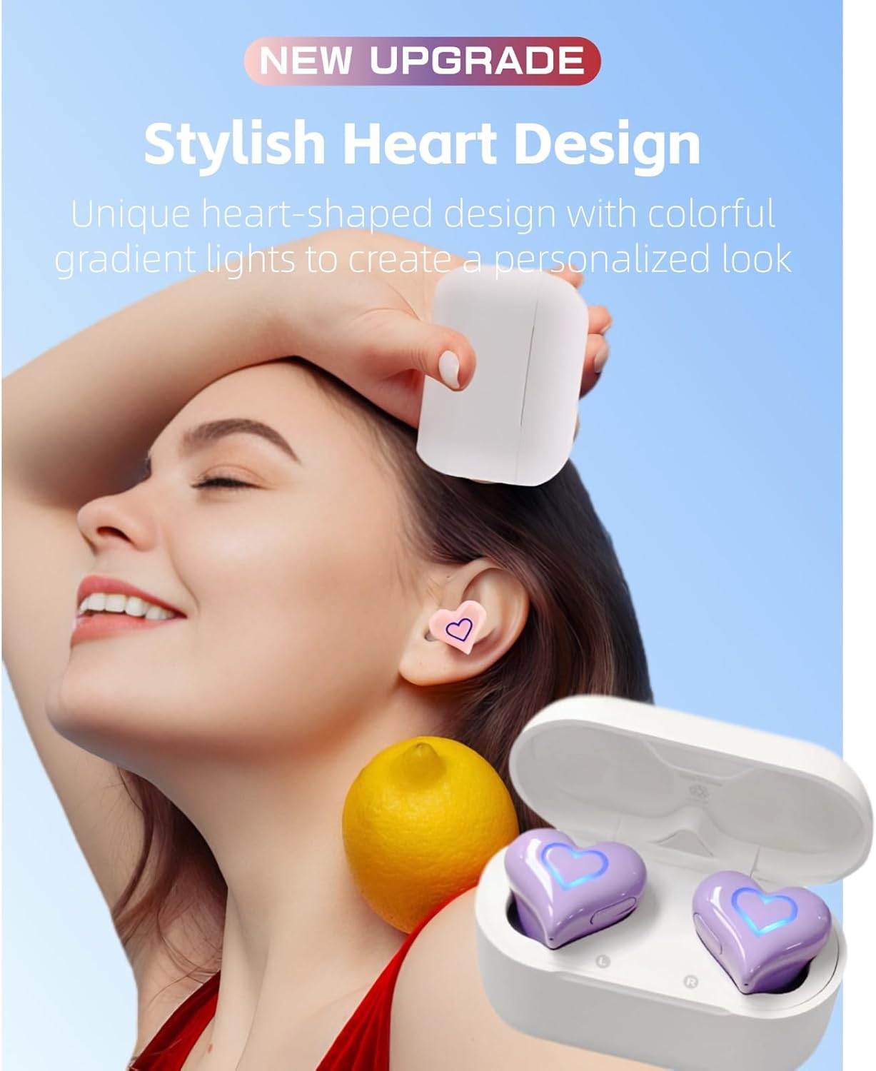 5.3 Yoidesu Earbuds Stylish Heart Shaped, HiFi Stereo Sound Bluetooth Headphones with Charging Case, Cute Creative