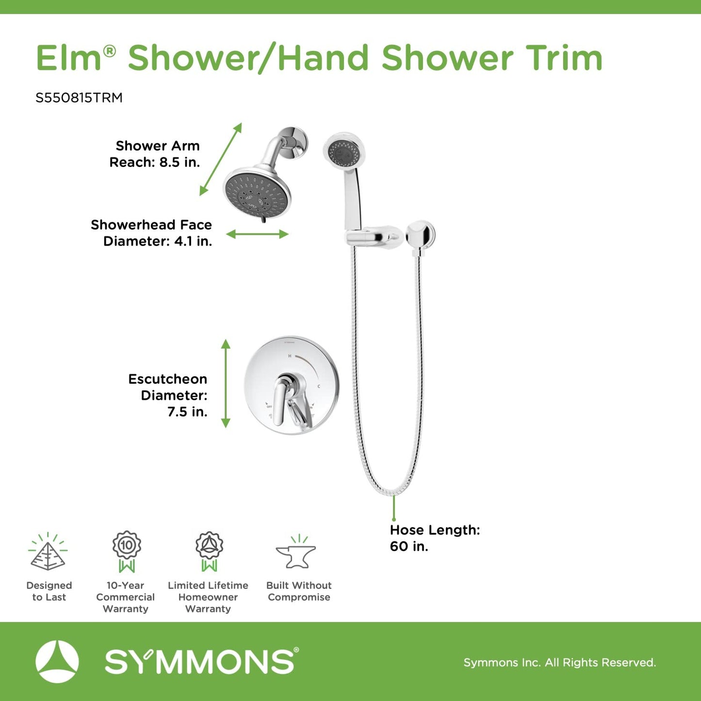 Symmons SYMS550815TRM Elm Pressure Balanced Shower System with Shower Head, Hand Shower, Shower Arm, Hose, and Valve Trim – Less Rough-In Valve Polished Chrome