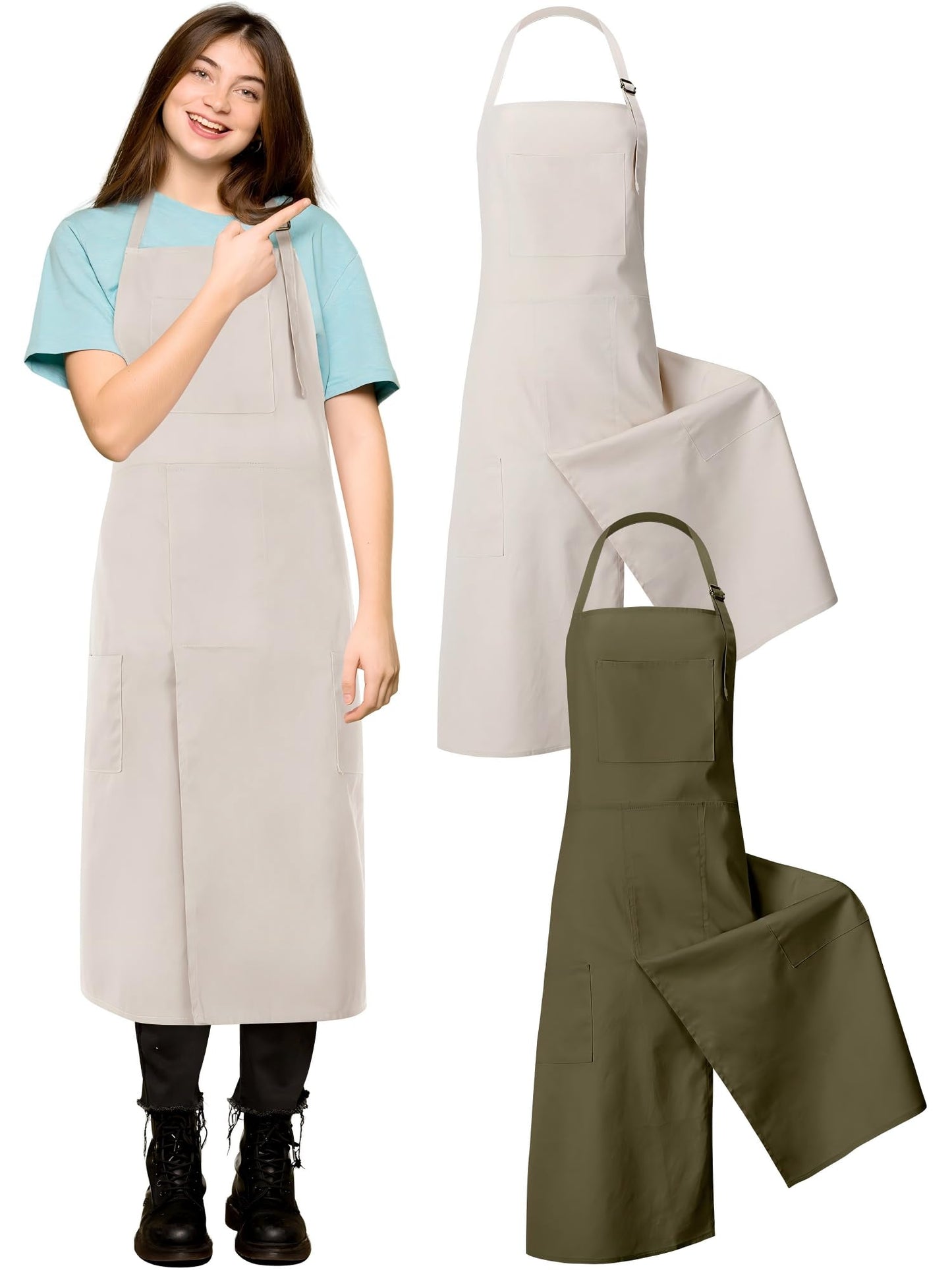 Breathffy 2 Pcs Pottery Apron Split Leg Adjustable Ceramics Apron with 3 Pocket Pottery Smock for Women Men Ceramic Wheel DIY(Sage Green, Beige)