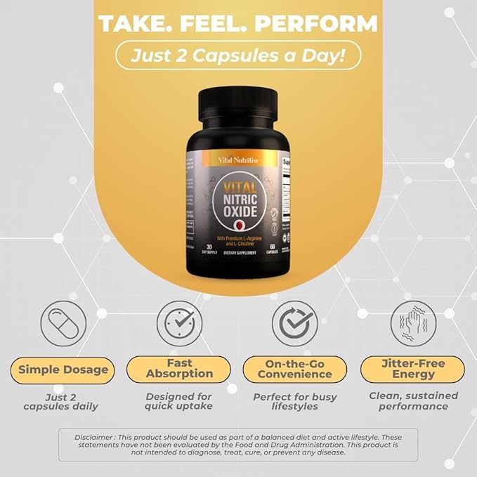 Vital Nitric Oxide Supplements for Men - Workout Booster Supplement for Men - Nitrous Oxide Boost Blood Flow, Blood Pressure, Energy & Workout Performance with L Arginine L Citruline-30 Days Supply