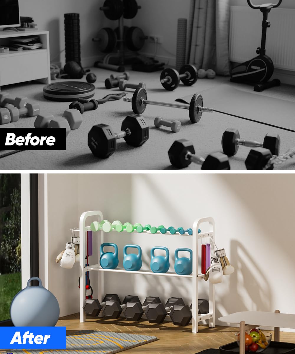 Ansionsol 3-Tier Adjustable Dumbbell Rack, Weight Storage Stand Holder for Dumbbells & Kettlebells, Heavy-Duty Home Gym Organizer with 6 Hook for Home Gym Equipment Accessories, White(Rack Only)