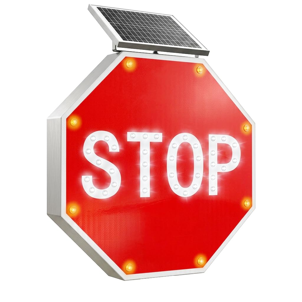 GAJTTR 24in Solar Powered LED Flashing Stop Sign, MUTCD Compliant Traffic Stop Sign with 44 Blinking LEDs,Engineer Grade Reflective Film, Heavy Duty Aluminum Metal Frame Blinking Road Warning Sign for Industrial,School,Driveway,Fire Lane (Red)