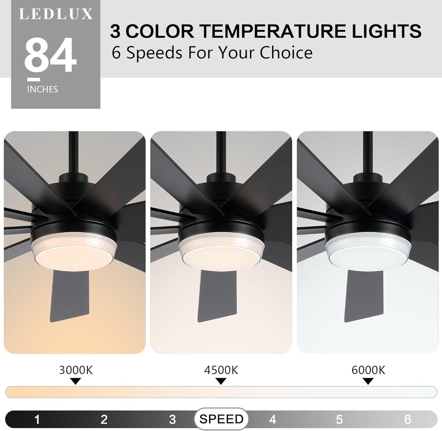 LEDLUX 84" Ceiling Fan with Light, 6-Speed Remote Control, Reversible DC Motor, Modern 9 Plywood Blades Black with 4.5"/12"/24" Downrods for Home or Commercial, Living Room/Restaurant