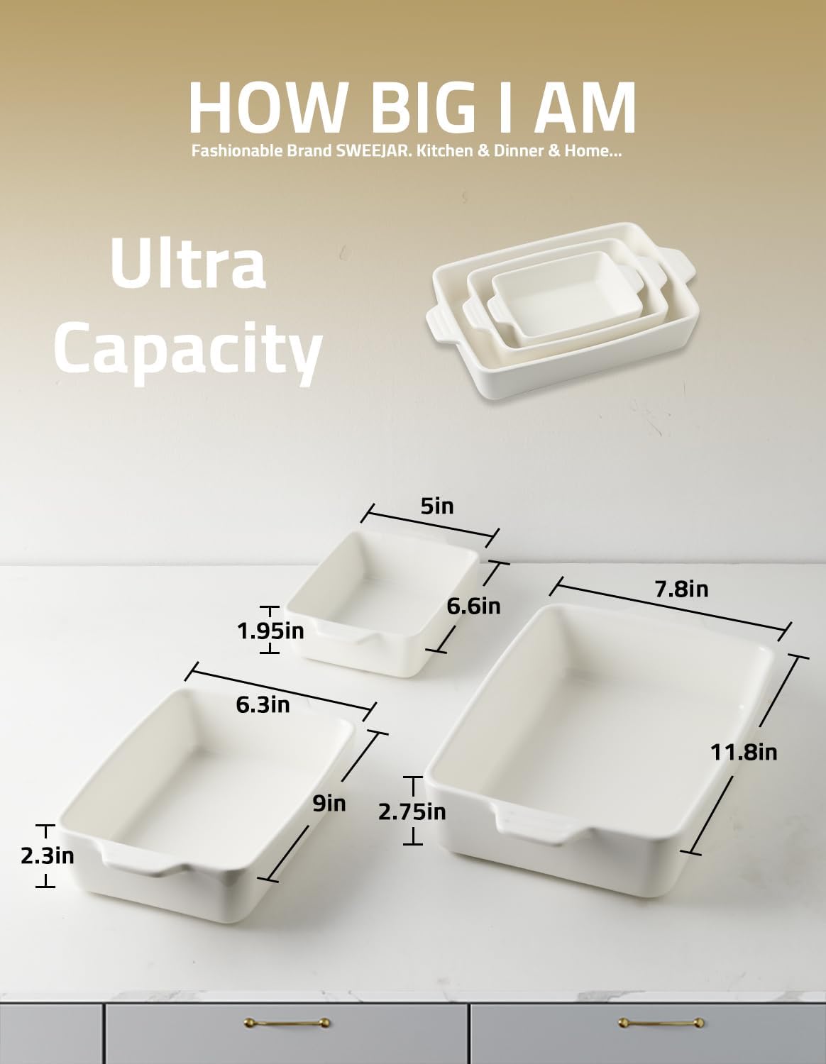 Sweejar Ceramic Bakeware Set - Rectangular Baking Dish for Lasagna & Cakes | 11.8 x 7.8 x 2.76 Inches - Yellow
