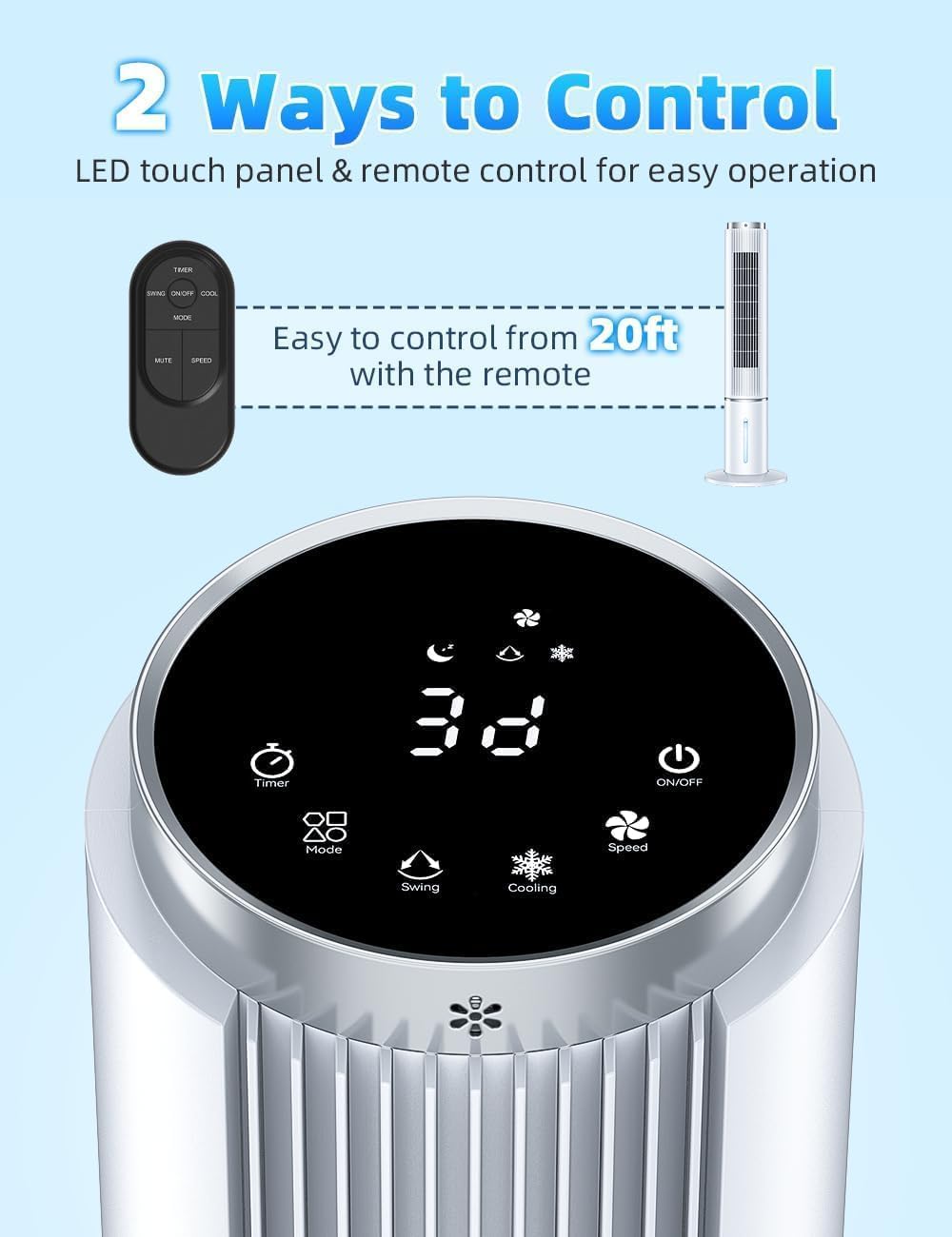COOLECH 42 INCH Portable Swamp Cooler Air Conditioner w/4 Modes & 3 Speeds, 1-Gal Tank for 15H Cooling Evaporative Air Cooler, 12H Timer, Remote, 90° Oscillating Windowless Air Conditioner for Bedroom